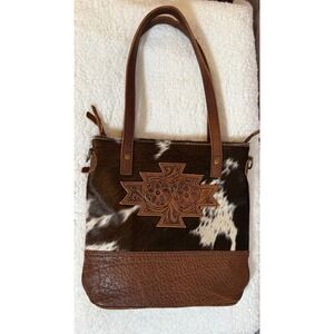 American Darling Cowhide Tooled Leather Tote Brown White Western Shoulder Bag